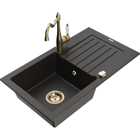 Mexen Pablo 1-compartment granite sink with a drip tray and kitchen mixer tap Carla, Black/Gold metallic - 6510-75-670700-50