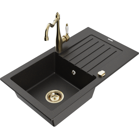 Mexen Pablo granite sink 1-bowl with drainer and kitchen tap Carla, black/golden metallic - 6510-75-670700-50