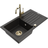 Mexen Pablo 1-compartment granite sink with a drip tray and kitchen mixer tap Carla, Black/Gold metallic - 6510-75-670700-50