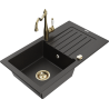 Mexen Pablo granite sink 1-bowl with drainer and kitchen tap Carla, black/golden metallic - 6510-75-670700-50