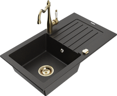 Mexen Pablo 1-compartment granite sink with a drip tray and kitchen mixer tap Carla, Black/Gold metallic - 6510-75-670700-50