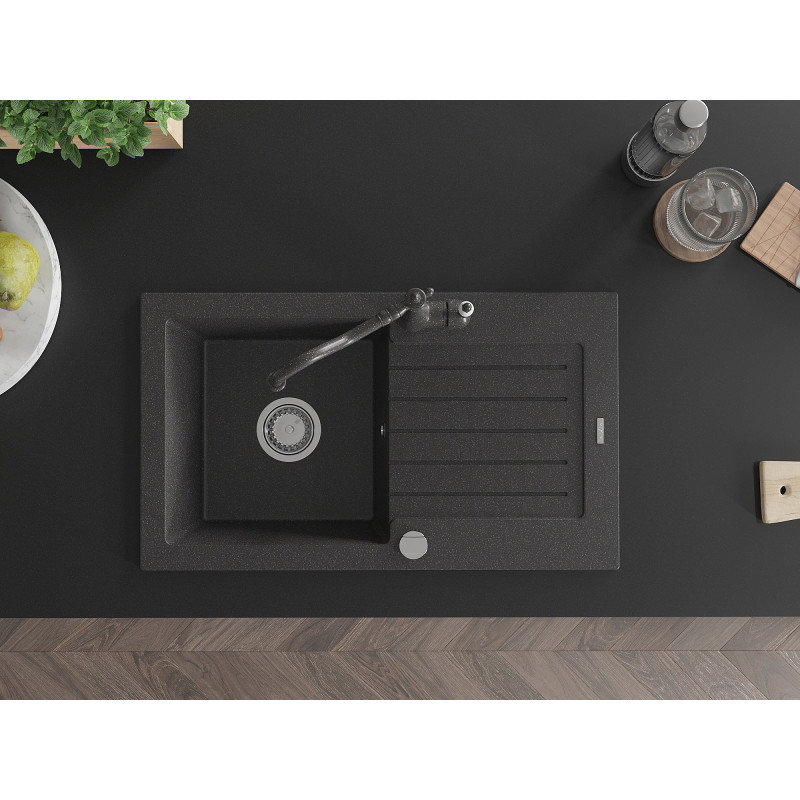 Mexen Pablo 1-Bowl Granite Sink with Drainer and Carla Kitchen Faucet, Black Speckled - 6510-76-670700-76