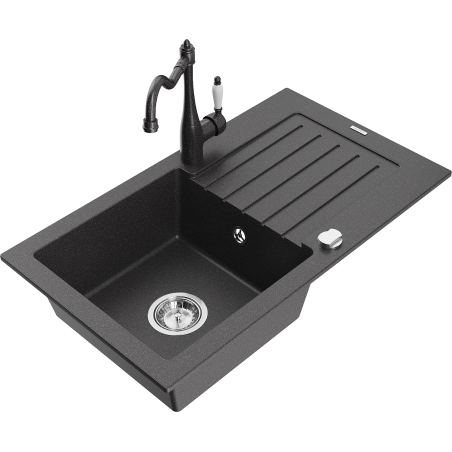 Mexen Pablo 1-Bowl Granite Sink with Drainer and Carla Kitchen Faucet, Black Speckled - 6510-76-670700-76