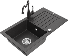 Mexen Pablo granite sink 1-bowl with drainer and kitchen faucet Carla, speckled black - 6510-76-670700-76
