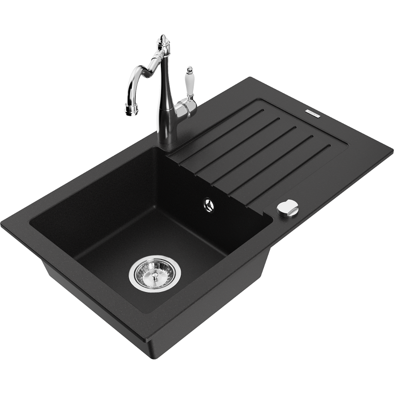 Mexen Pablo 1-compartment granite sink with a drip tray and kitchen mixer tap Carla, Black - 6510-77-670700-00