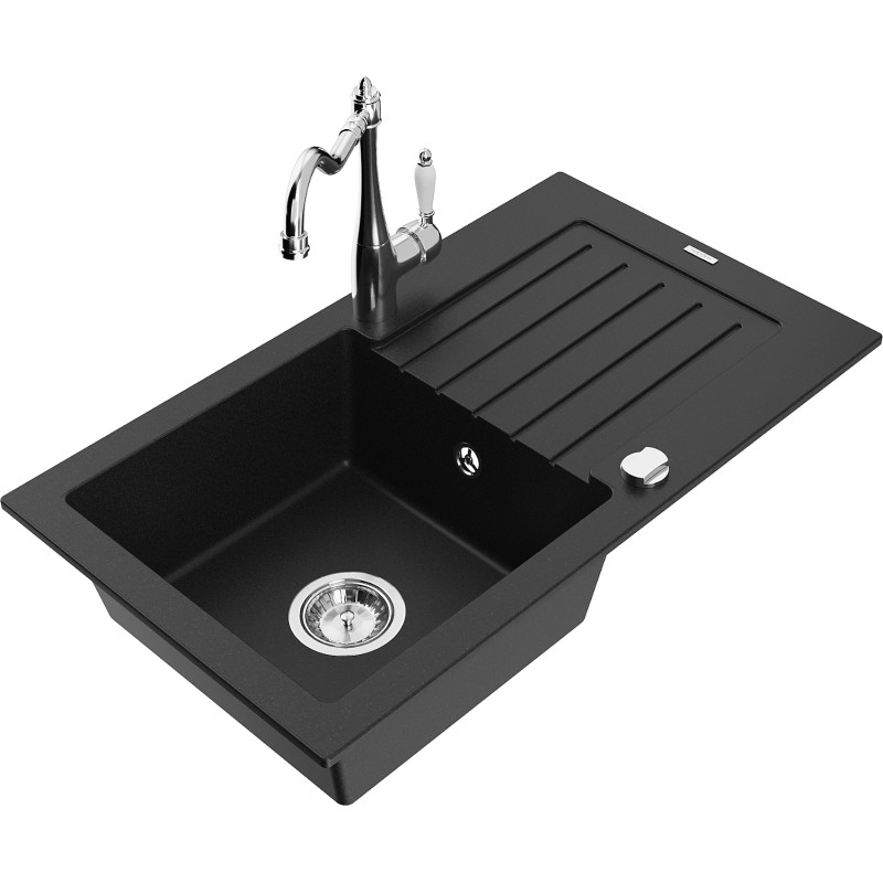 Mexen Pablo granite kitchen sink 1-bowl with drainer and kitchen faucet Carla, black - 6510-77-670700-00