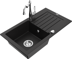 Mexen Pablo 1-compartment granite sink with a drip tray and kitchen mixer tap Carla, Black - 6510-77-670700-00