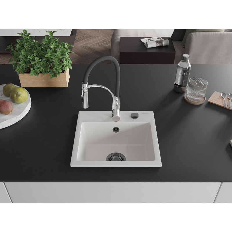 Mexen Milo granite kitchen sink 1-bowl with Aster kitchen faucet, white - 6505-20-73450-07-B