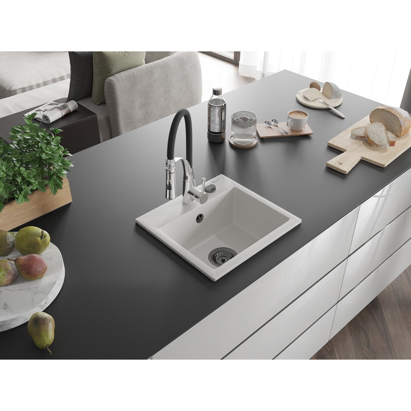 Mexen Milo granite kitchen sink 1-bowl with Aster kitchen faucet, white - 6505-20-73450-07-B