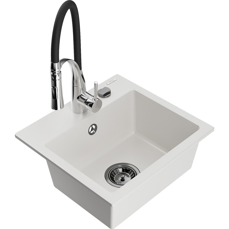 Mexen Milo granite kitchen sink 1-bowl with Aster kitchen faucet, white - 6505-20-73450-07-B