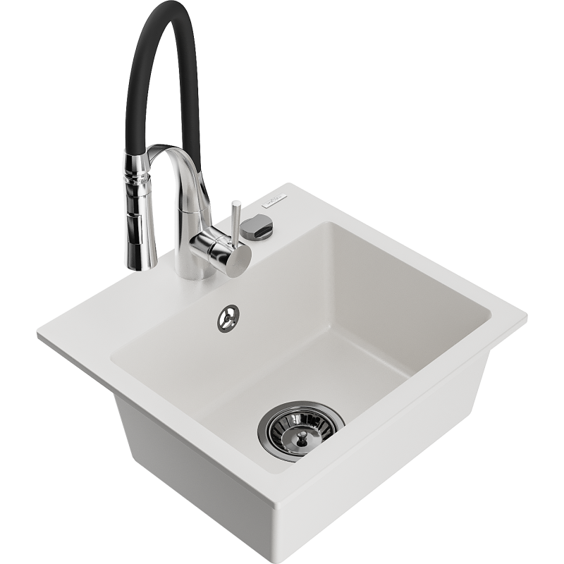 Mexen Milo granite kitchen sink 1-bowl with Aster kitchen tap, white - 6505-20-73450-07-B
