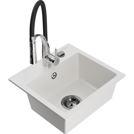 Mexen Milo granite kitchen sink with 1 bowl and Aster kitchen faucet, white - 6505-20-73450-07-B