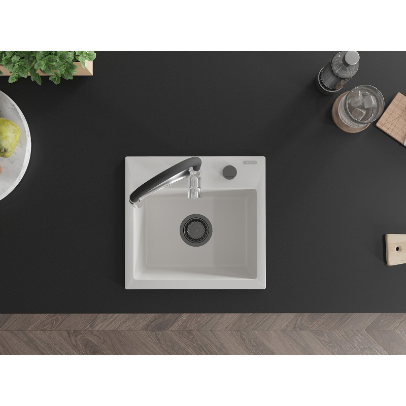Mexen Milo granite kitchen sink 1-bowl with Aster kitchen faucet, white - 6505-20-73450-07-B