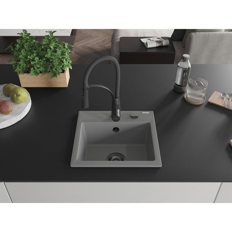 Mexen Milo granite kitchen sink single-bowl with Aster kitchen tap, grey - 6505-71-73450-70-B