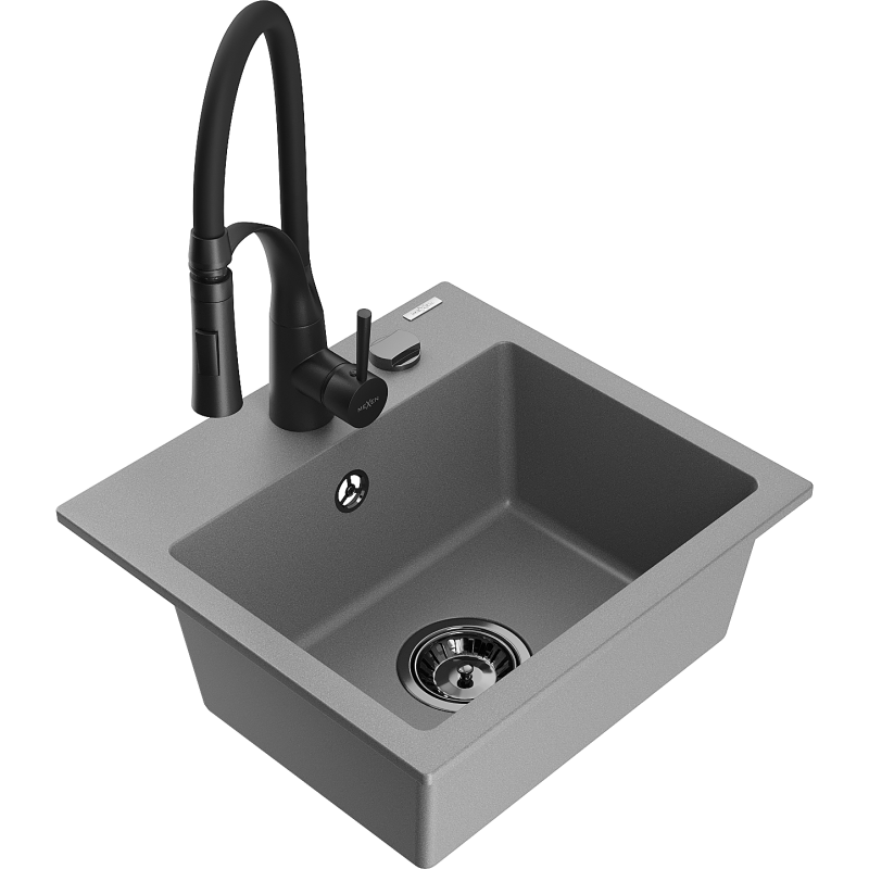 Mexen Milo 1-compartment granite sink with a kitchen mixer tap Aster, Grey - 6505-71-73450-70-B