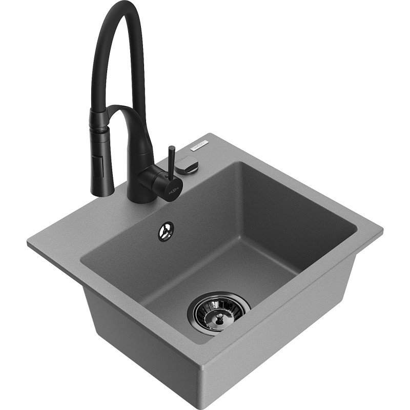 Mexen Milo granit kitchen sink 1-bowl with Aster kitchen faucet, gray - 6505-71-73450-70-B