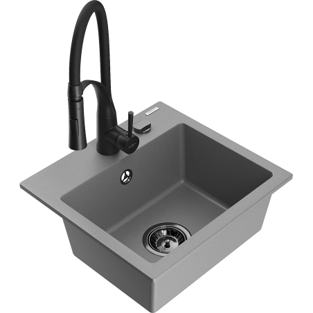 Mexen Milo 1-compartment granite sink with Aster kitchen faucet, gray - 6505-71-73450-70-B