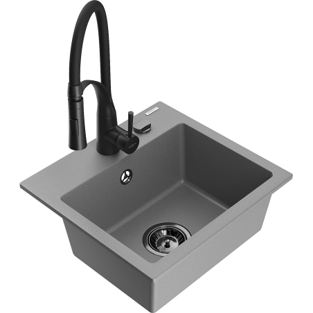 Mexen Milo granite kitchen sink single-bowl with Aster kitchen tap, grey - 6505-71-73450-70-B