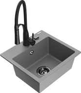 Mexen Milo granite kitchen sink single-bowl with Aster kitchen tap, grey - 6505-71-73450-70-B