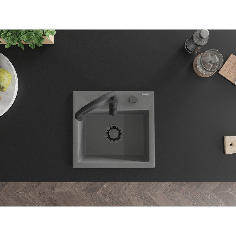 Mexen Milo granite kitchen sink single-bowl with Aster kitchen tap, grey - 6505-71-73450-70-B