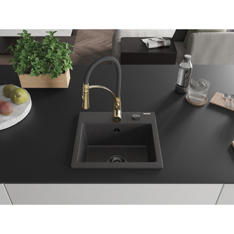 Mexen Milo 1-bowl granite sink with Aster kitchen faucet, black speckled - 6505-76-73450-57-B
