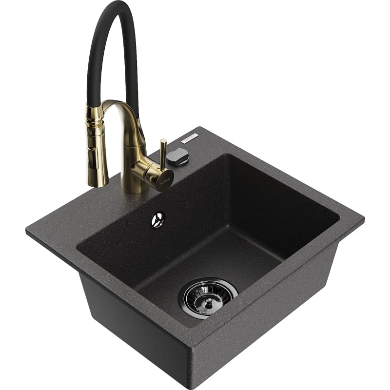 Mexen Milo granite single-bowl sink with Aster kitchen faucet, speckled black - 6505-76-73450-57-B