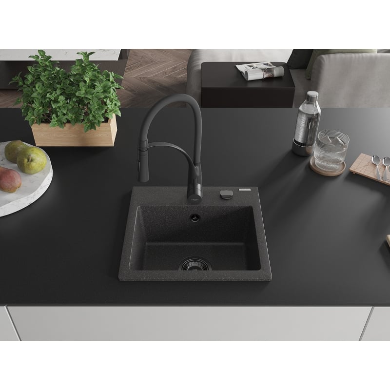 Mexen Milo 1-bowl granite sink with Aster kitchen faucet, speckled black - 6505-76-73450-70-B