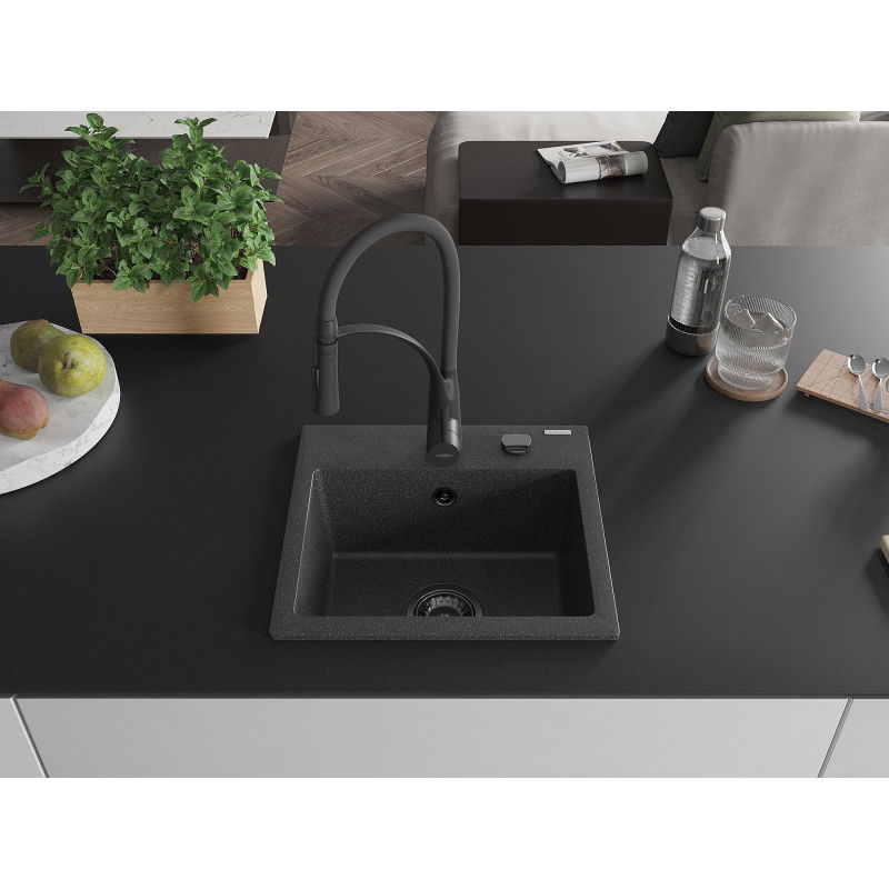 Mexen Milo granite kitchen sink single-bowl with Aster kitchen tap, speckled black - 6505-76-73450-70-B