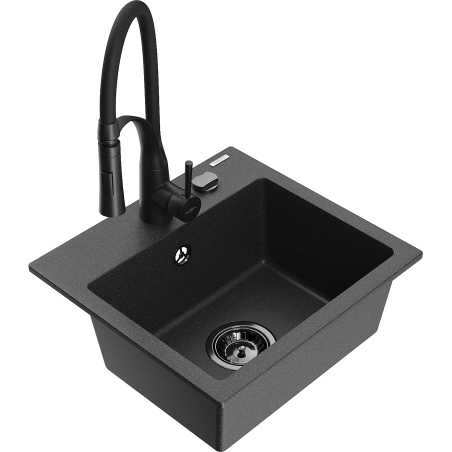 Mexen Milo 1-bowl granite sink with Aster kitchen faucet, speckled black - 6505-76-73450-70-B