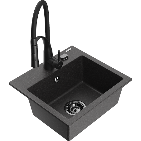 Mexen Milo granite kitchen sink single-bowl with Aster kitchen tap, speckled black - 6505-76-73450-70-B