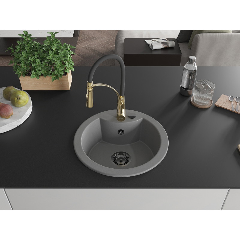 Mexen Diego 1-bowl granite sink with Aster kitchen faucet, gray - 6512-71-73450-57-B