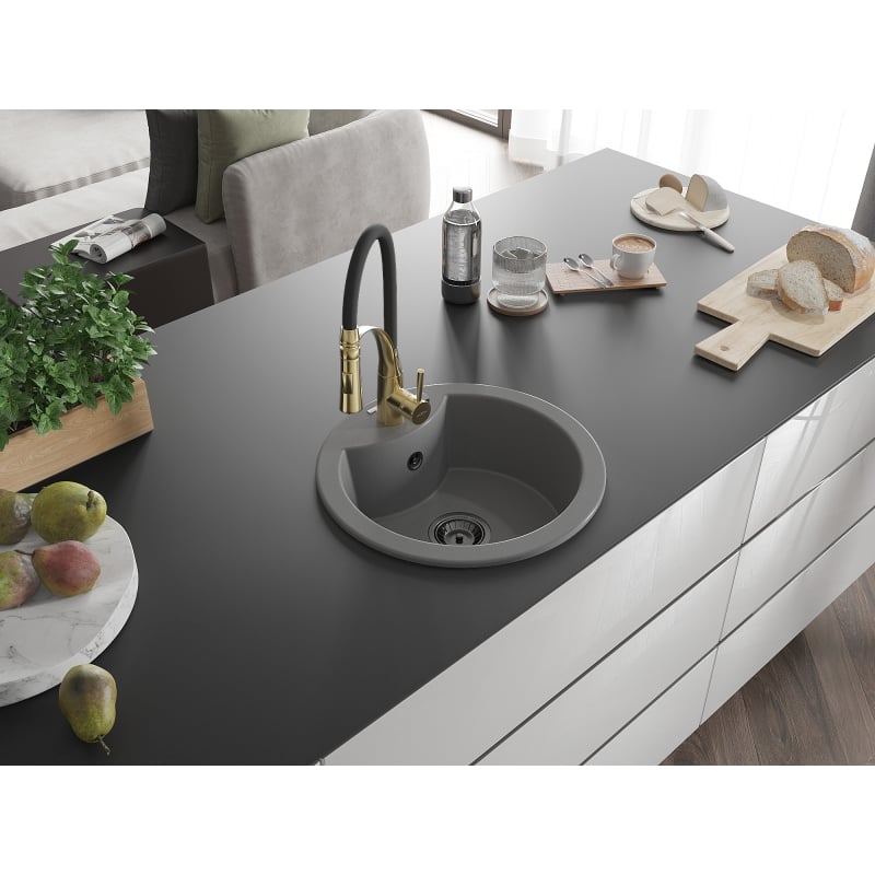 Mexen Diego 1-bowl granite sink with Aster kitchen faucet, gray - 6512-71-73450-57-B