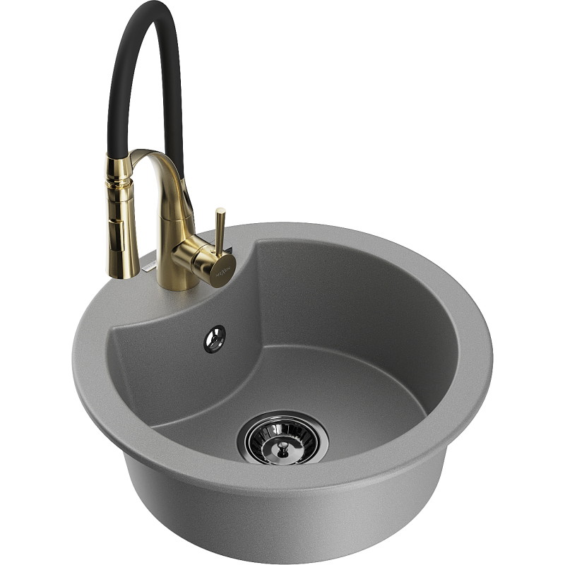 Mexen Diego 1-bowl granite sink with Aster kitchen faucet, gray - 6512-71-73450-57-B