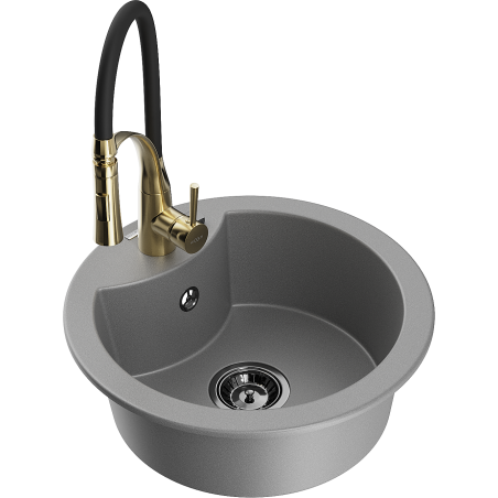 Mexen Diego 1-bowl granite sink with Aster kitchen faucet, gray - 6512-71-73450-57-B