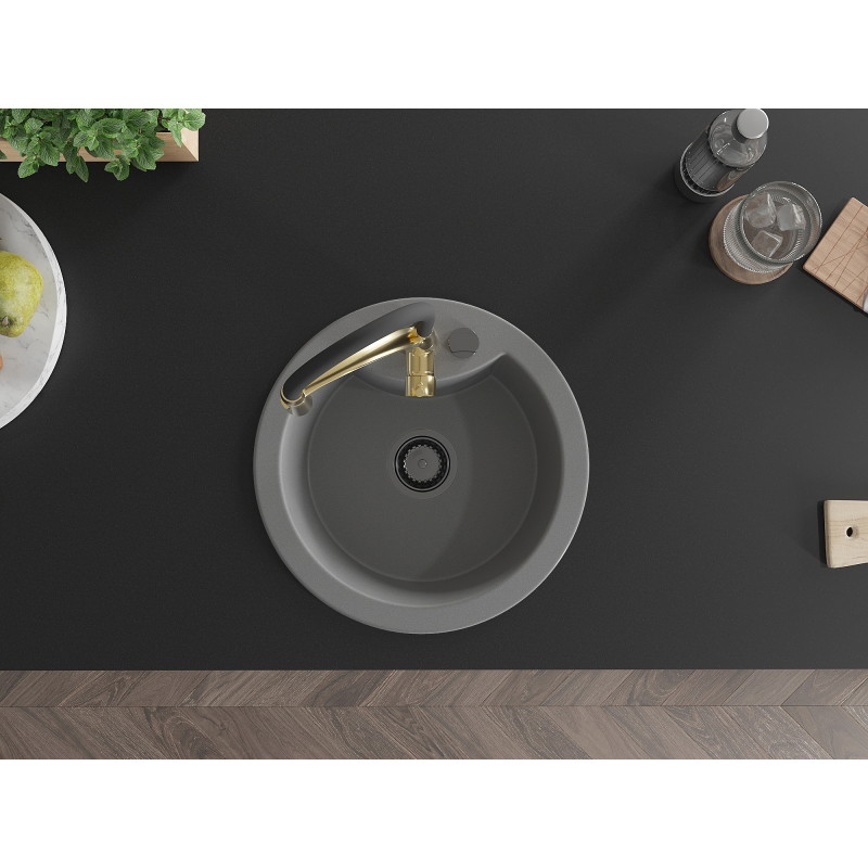 Mexen Diego 1-bowl granite kitchen sink with Aster faucet, gray - 6512-71-73450-57-B