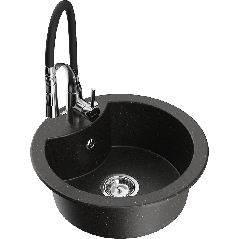 Mexen Diego 1-Bowl Granite Sink with Aster Kitchen Faucet, Black/Gold Metallic - 6512-75-73450-70