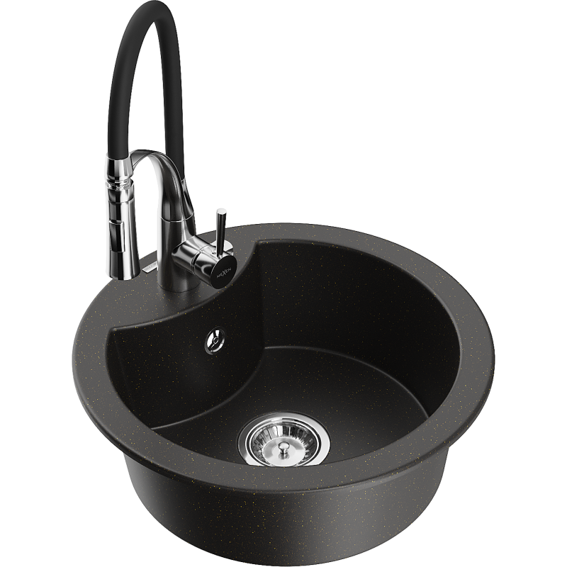 Mexen Diego 1-bowl granite sink with Aster kitchen mixer, black/golden metallic - 6512-75-73450-70
