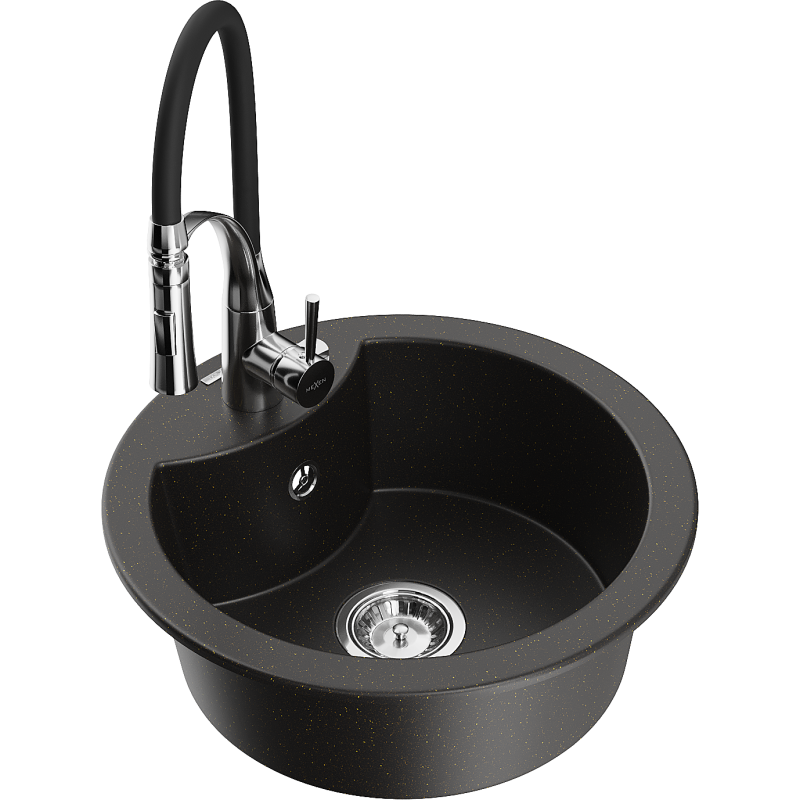 Mexen Diego granite sink, 1-bowl with Aster kitchen faucet, black/gold metallic - 6512-75-73450-70