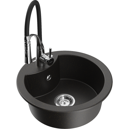 Mexen Diego granite sink, 1-bowl with Aster kitchen faucet, black/gold metallic - 6512-75-73450-70