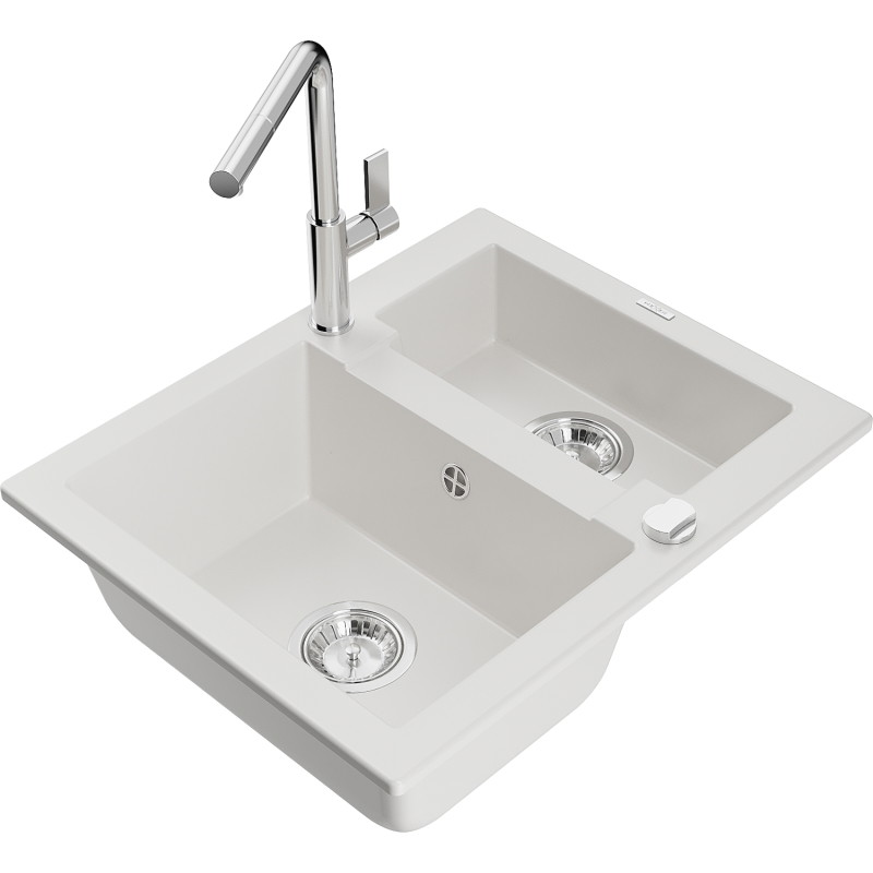 Mexen Carlos 1.5-bowl granite sink with Flora kitchen faucet, white - 6518-20-670401-00