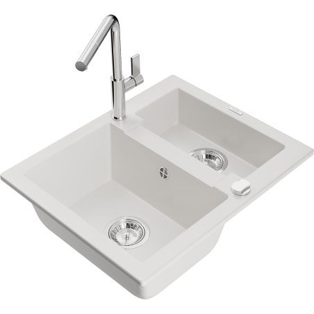 Mexen Carlos 1.5-bowl granite sink with Flora kitchen faucet, white - 6518-20-670401-00