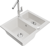 Mexen Carlos 1.5-bowl granite sink with Flora kitchen faucet, white - 6518-20-670401-00