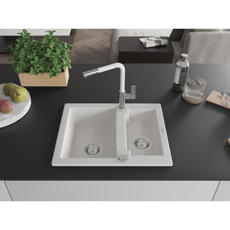 Mexen Carlos Granite Sink 1.5-Bowl with Flora Kitchen Faucet, White - 6518-20-670401-02