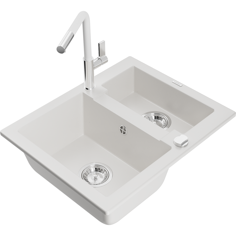 Mexen Carlos 1,5-compartment granite sink with a kitchen mixer tap Flora, White - 6518-20-670401-02