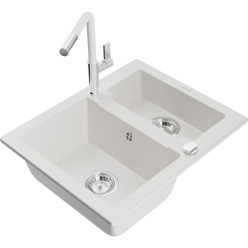 Mexen Carlos granite kitchen sink 1.5-bowl with Flora kitchen faucet, white - 6518-20-670401-02