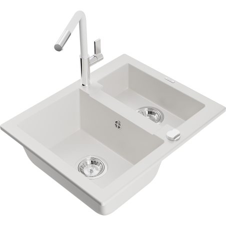 Mexen Carlos granite kitchen sink 1.5-bowl with Flora kitchen faucet, white - 6518-20-670401-02