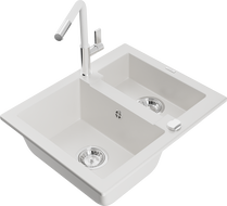 Mexen Carlos Granite Sink 1.5-Bowl with Flora Kitchen Faucet, White - 6518-20-670401-02