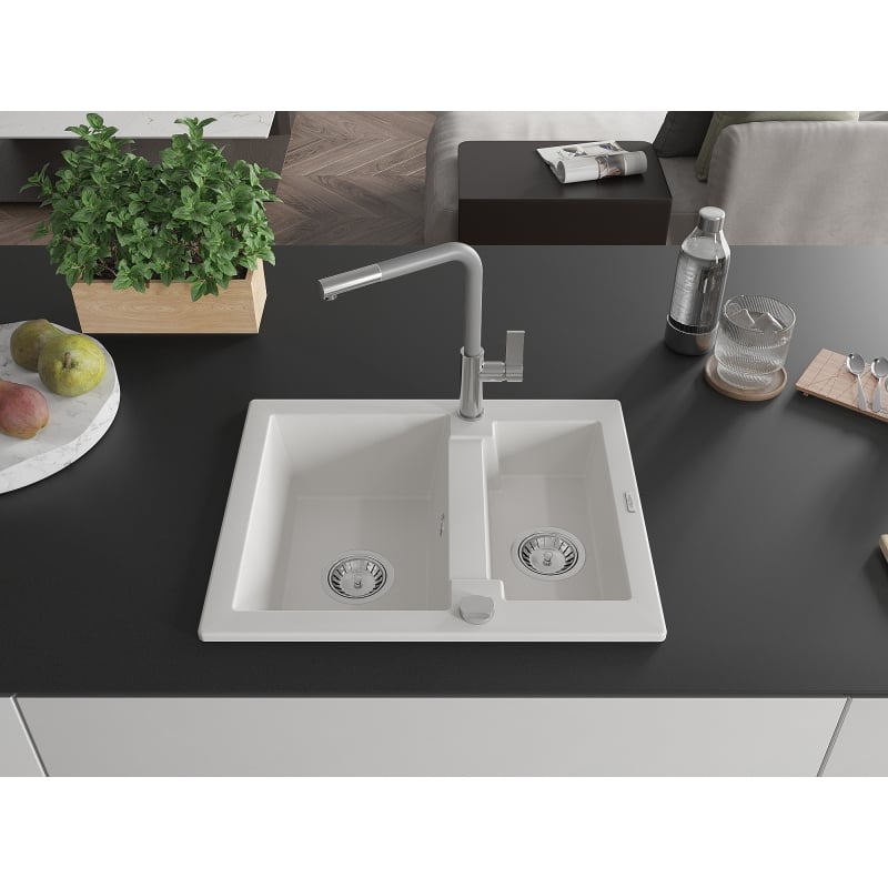 Mexen Carlos granite sink 1.5-bowl with Flora kitchen faucet, white - 6518-20-670401-06