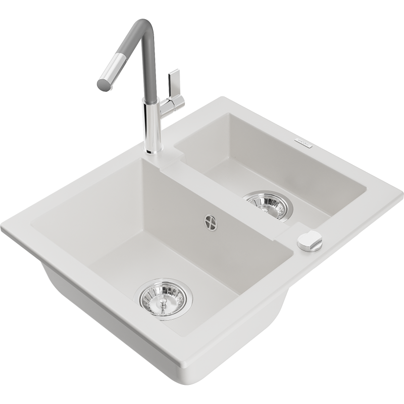 Mexen Carlos 1,5-compartment granite sink with a kitchen mixer tap Flora, White - 6518-20-670401-06