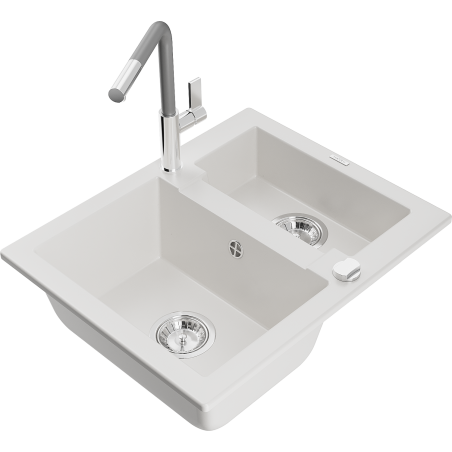 Mexen Carlos granite sink 1.5-bowl with Flora kitchen faucet, white - 6518-20-670401-06